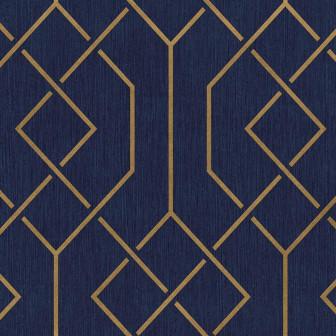 Tapet geometric ultramarin cu model auriu într-un dormitor elegant
