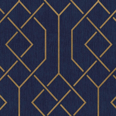 Tapet geometric ultramarin cu model auriu într-un dormitor elegant