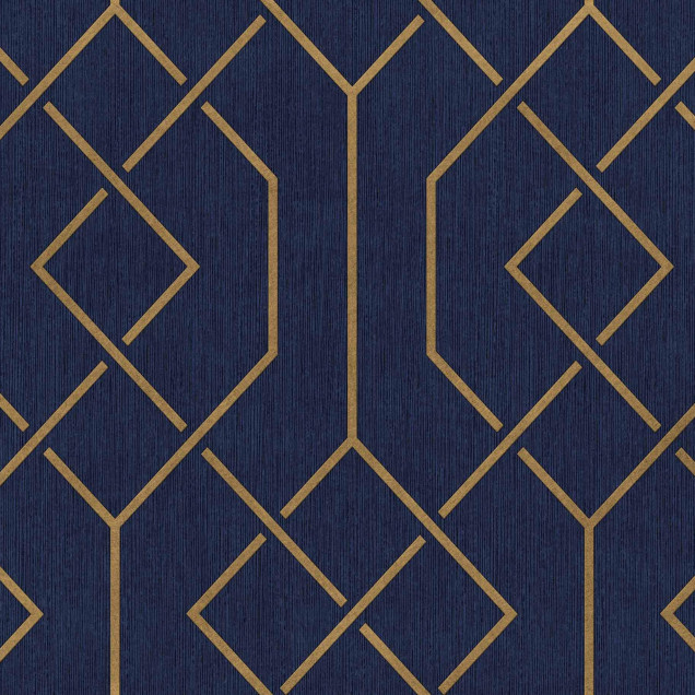 Tapet geometric ultramarin cu model auriu într-un dormitor elegant