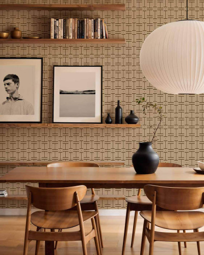Tapet geometric bej în living