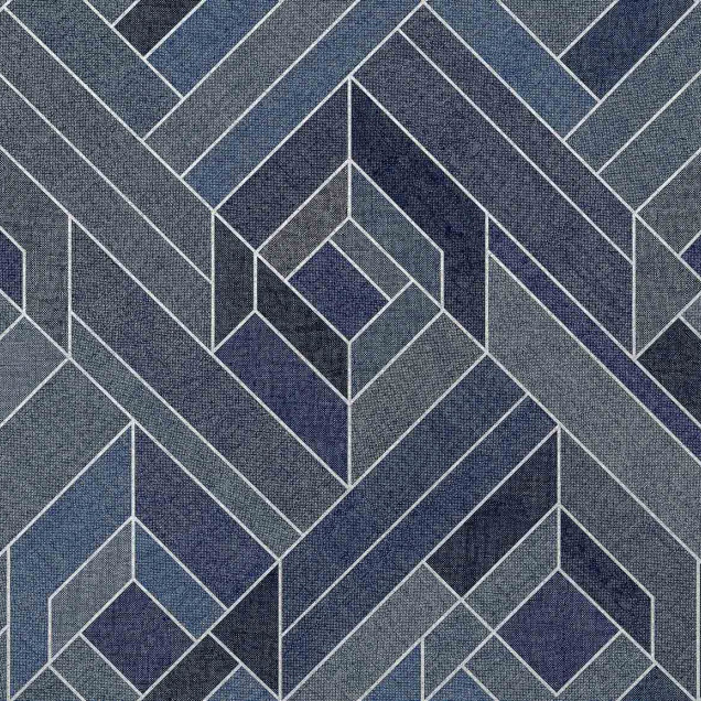 Tapet geometric ultramarin într-un dormitor modern