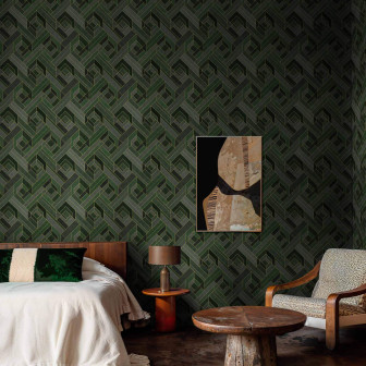 Tapet geometric smarald în decor de interior