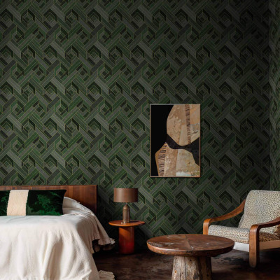 Tapet geometric smarald în decor de interior