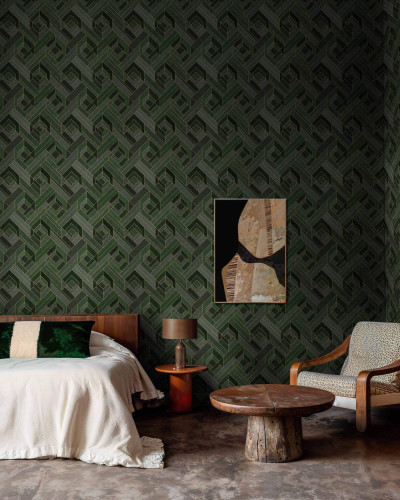 Tapet geometric smarald în decor de interior
