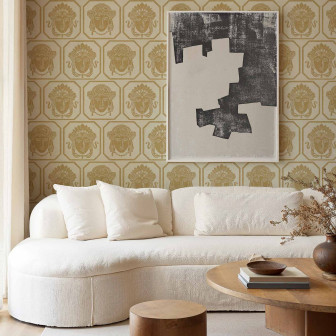 Tapet decorativ cu design unic Tapet elegant cu motive aurii într-un living modern.