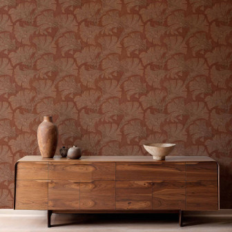 Tapet Ginkgo Clay Tapet cu model elegant de frunze Ginkgo pe fundal maro