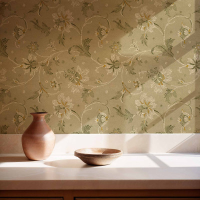 Tapet floral cu motive delicate pe fundal verde pal