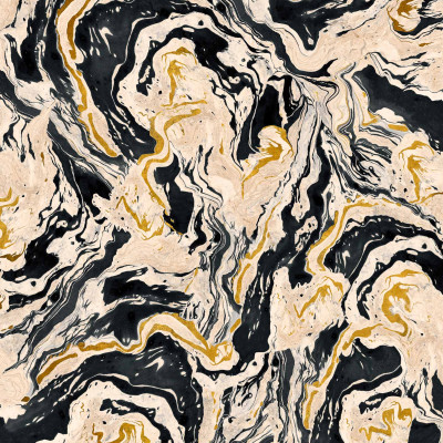 Tapet cu design marmorat abstract negru și auriu într-o sufragerie modernă