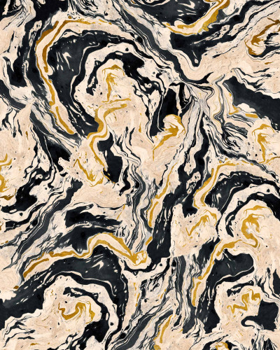 Tapet cu design marmorat abstract negru și auriu într-o sufragerie modernă