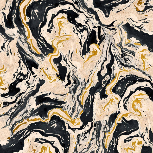Tapet cu design marmorat abstract negru și auriu într-o sufragerie modernă