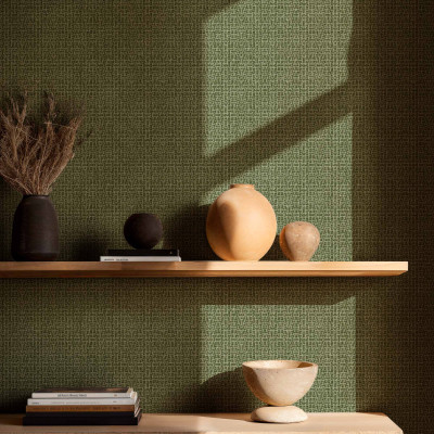 Tapet geometric verde cu rafturi decorative