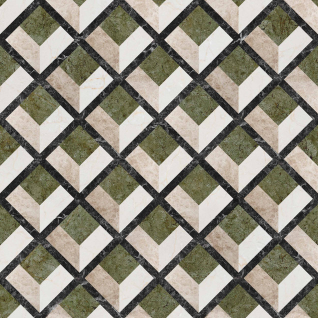 Tapet cu model geometric 3D în nuanțe de verde și bej