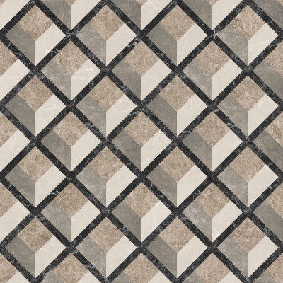 Tapet cu model geometric 3D în nuanțe de bej și negru, aplicat într-o baie modernă.