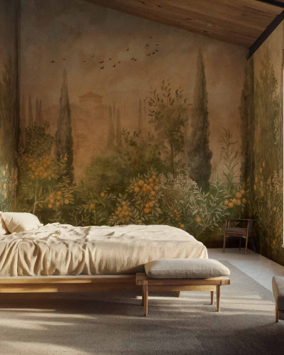 Fototapet cu peisaj mediteranean într-un dormitor