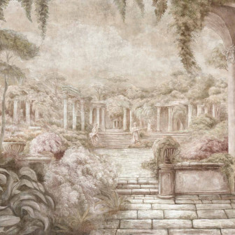 Fototapet cu design clasic de coloane și peisaj de toamnă într-un interior elegant