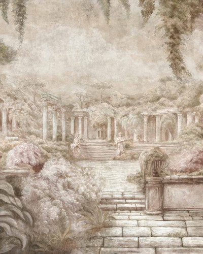 Fototapet cu design clasic de coloane și peisaj de toamnă într-un interior elegant