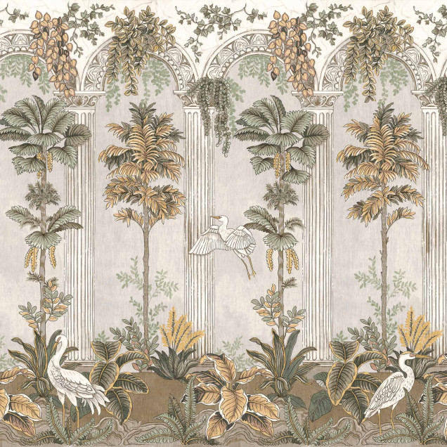 Tapet cu design exotic și coloane arhitecturale într-o baie modernă