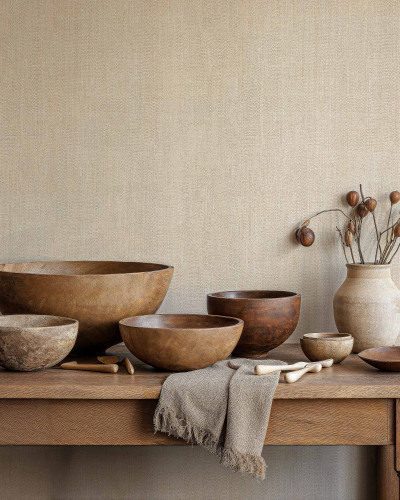 Tapet cu textură naturală bej, decor rustic cu vase din lemn