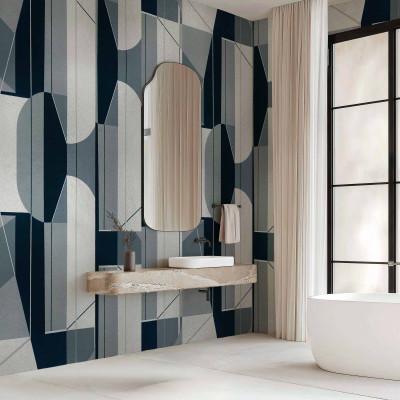 Tapet geometric in nuante de gri si argintiu, ideal pentru baie