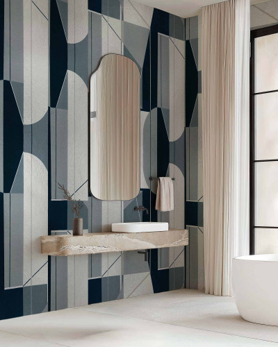 Tapet geometric in nuante de gri si argintiu, ideal pentru baie