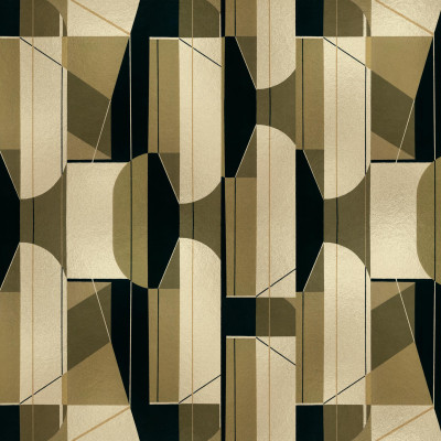 Tapet geometric auriu și negru într-o baie modernă