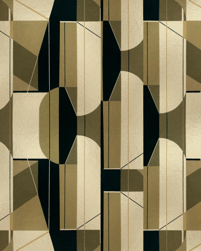 Tapet geometric auriu și negru într-o baie modernă