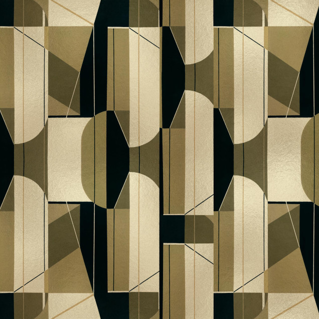 Tapet geometric auriu și negru într-o baie modernă