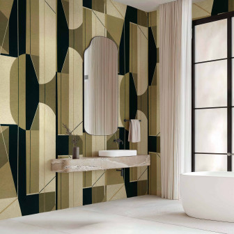 Tapet geometric auriu și negru într-o baie modernă