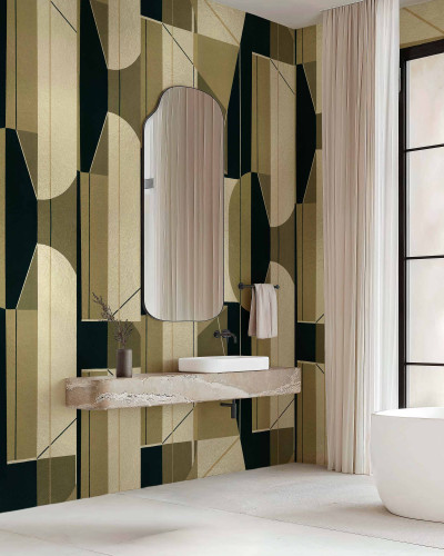 Tapet geometric auriu și negru într-o baie modernă