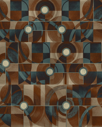 Tapet cu model geometric abstract în nuanțe de maro și argintiu într-o sufragerie modernă