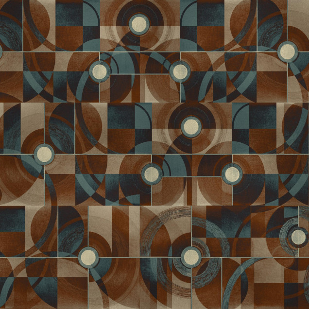 Tapet cu model geometric abstract în nuanțe de maro și argintiu într-o sufragerie modernă