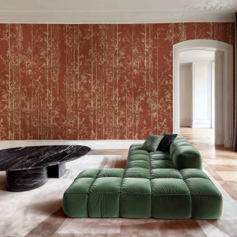 Tapet cu design bambus în nuanțe de cupru, într-un living elegant.