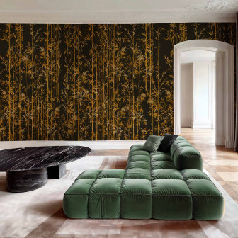 Tapet elegant cu design bambus auriu pe fundal negru