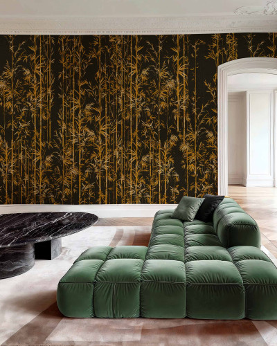 Tapet elegant cu design bambus auriu pe fundal negru