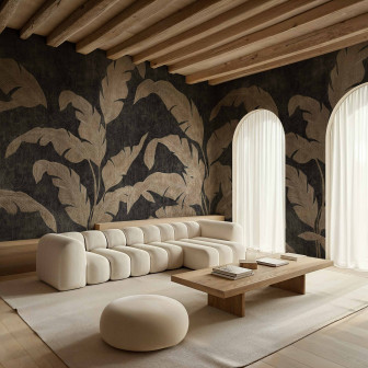 Tapet cu design frunze argintii intr-un living modern
