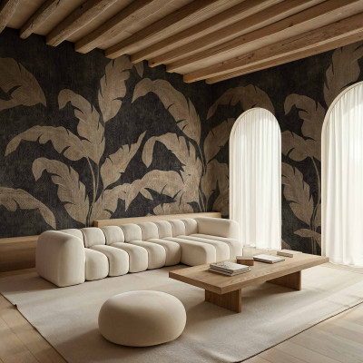 Tapet cu design frunze argintii intr-un living modern