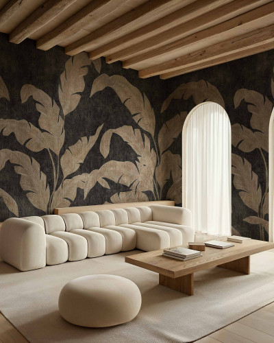 Tapet cu design frunze argintii intr-un living modern
