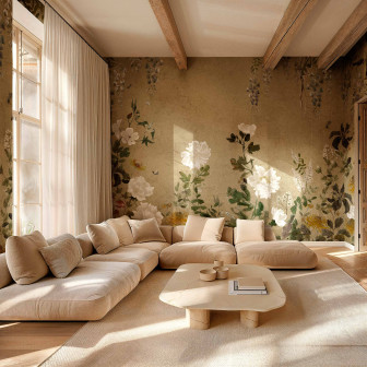 Fototapet floral elegant într-un living luminos