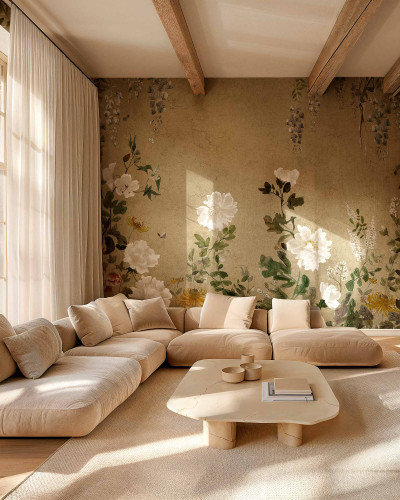 Fototapet floral elegant într-un living luminos