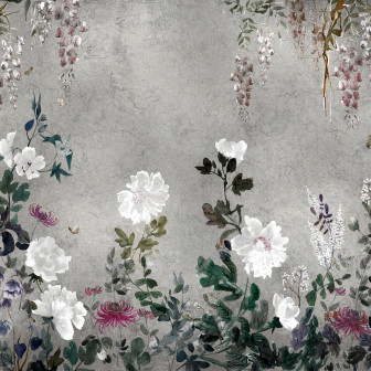 Tapet floral argintiu cu design delicat
