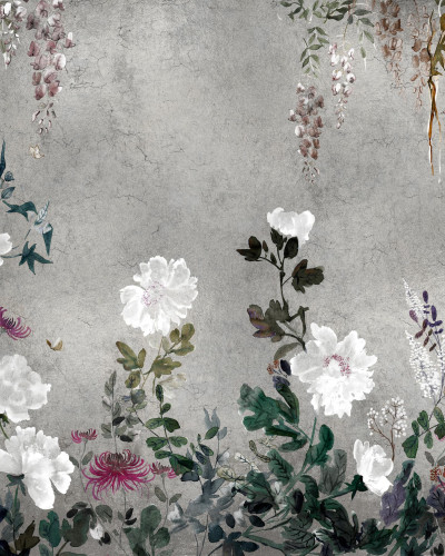 Tapet floral argintiu cu design delicat