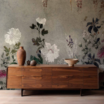 Tapet floral argintiu cu design delicat