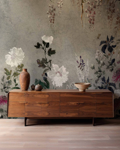 Tapet floral argintiu cu design delicat