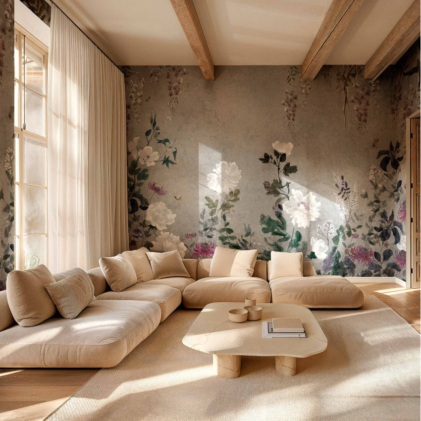 Fototapet floral elegant într-un living luminos