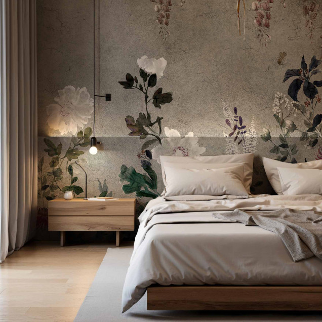 Tapet floral argintiu cu design delicat