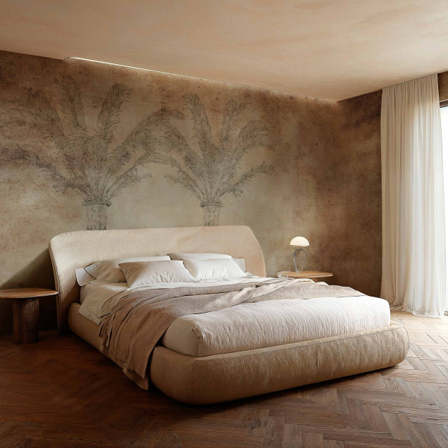 Tapet cu model de palmieri argintii într-un interior modern