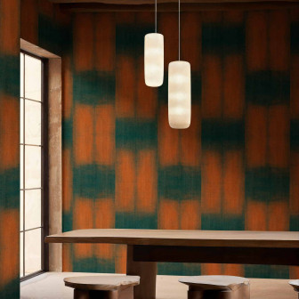 Tapet cu model geometric abstract în nuanțe de verde și portocaliu