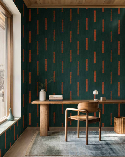 Tapet verde cu model geometric portocaliu într-un birou modern