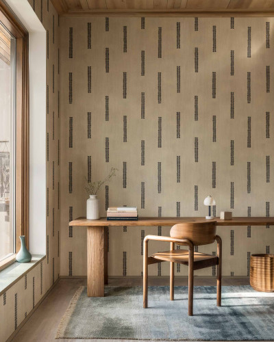 Tapet cu model geometric în nuanțe de gri și bej, într-un birou modern