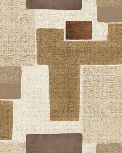 Tapet cu model geometric in nuante de nisip si maro, integrat intr-un decor rustic-modern.